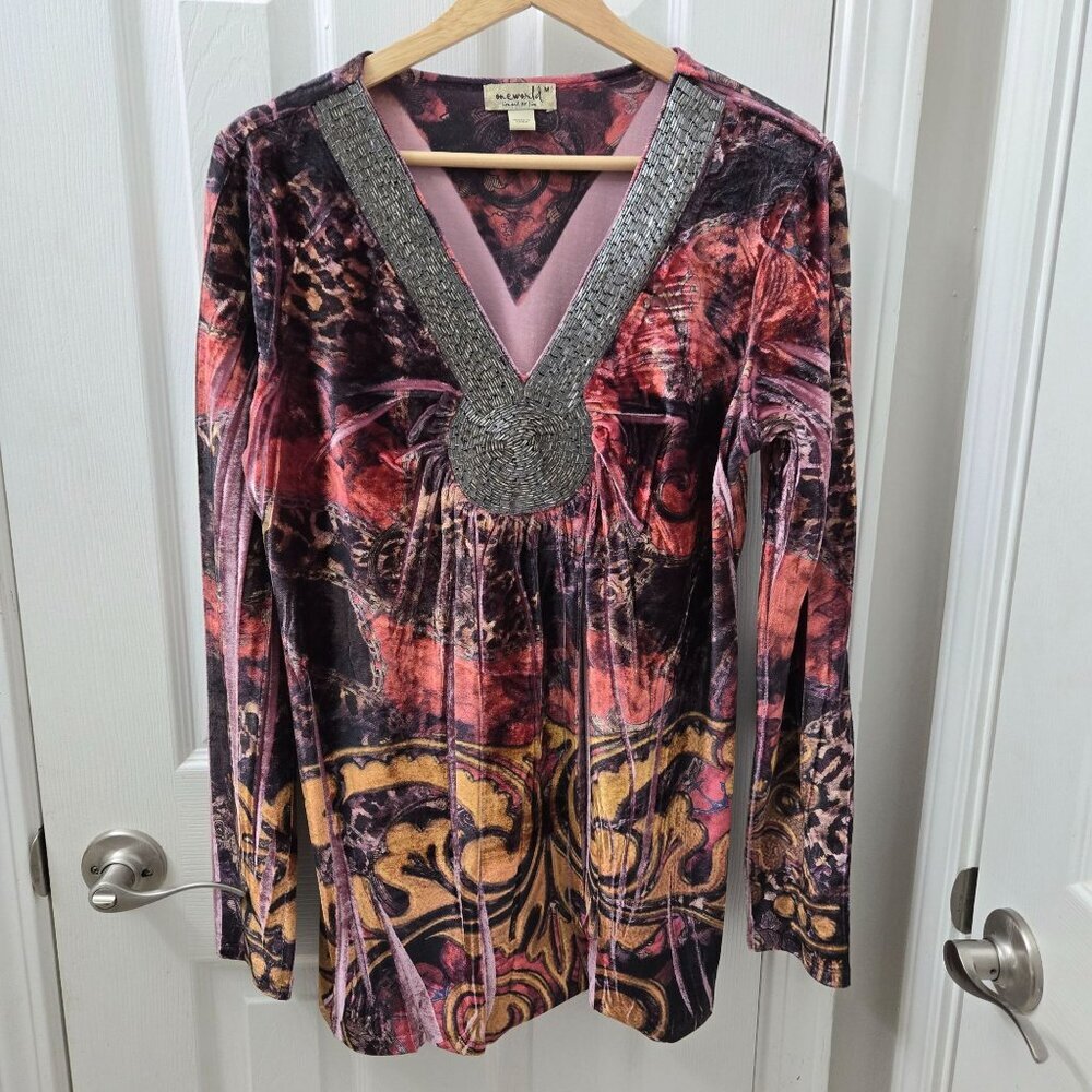 One World Tunic Top M Beaded Embellished V-Neck Velvet Paisley Animal Print Pink